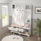 Meuble d'entrée / Vestiaire noir / blanc / marron avec banc à chaussures et panneau perforé, rangement 5-en-1