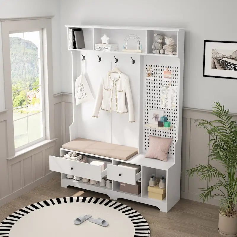 Meuble d'entrée / Vestiaire noir / blanc / marron avec banc à chaussures et panneau perforé, rangement 5-en-1
