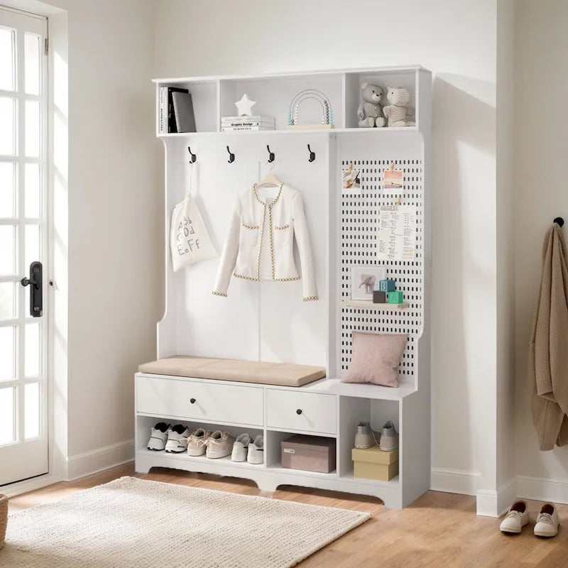 Meuble d'entrée / Vestiaire noir / blanc / marron avec banc à chaussures et panneau perforé, rangement 5-en-1