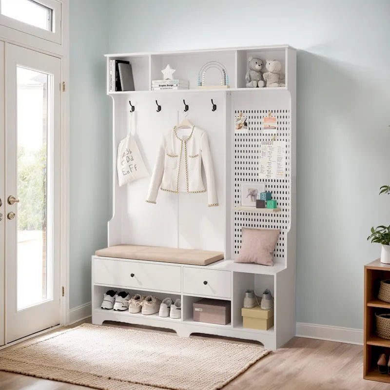 Meuble d'entrée / Vestiaire noir / blanc / marron avec banc à chaussures et panneau perforé, rangement 5-en-1