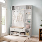 Meuble d'entrée / Vestiaire noir / blanc / marron avec banc à chaussures et panneau perforé, rangement 5-en-1