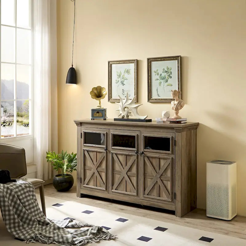 Meuble de rangement pour buffet de ferme, finition gris délavé, 3 portes, assemblage 1 personne