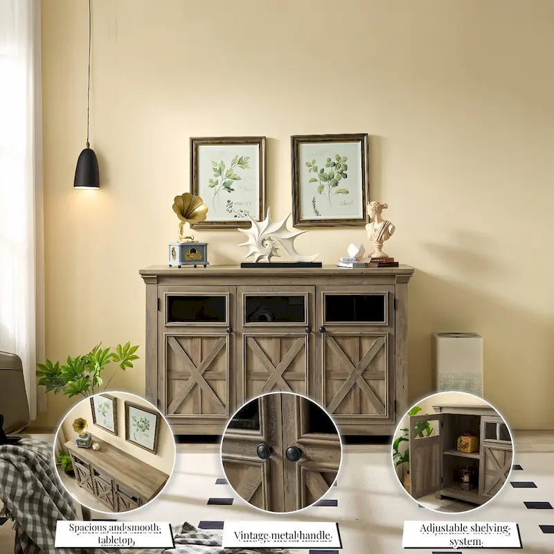 Meuble de rangement pour buffet de ferme, finition gris délavé, 3 portes, assemblage 1 personne