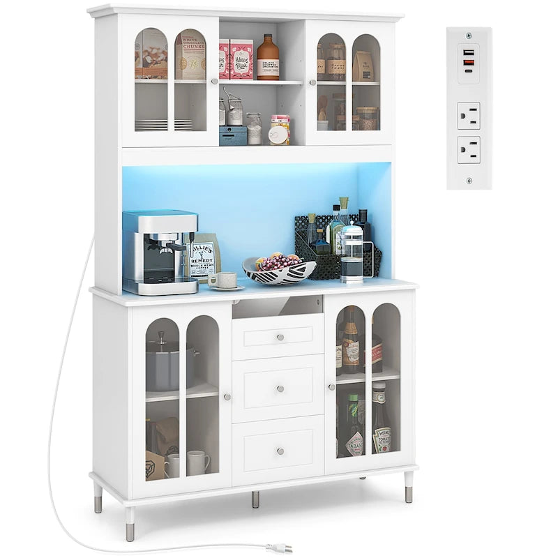Armoire de cuisine blanche de 185 cm de haut avec éclairage LED et station de recharge