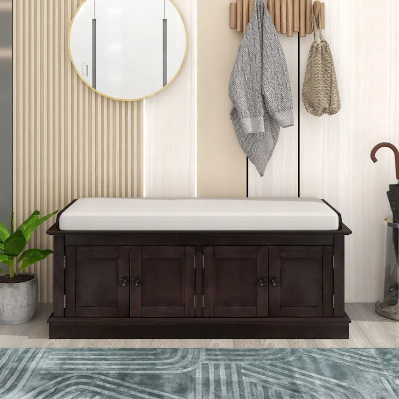 Banc de rangement avec coussin, 4 portes, pour entrée, range-chaussures, pour 1 personne – Blanc / Bleu Marine Ancien / Espresso / Gris Lavé