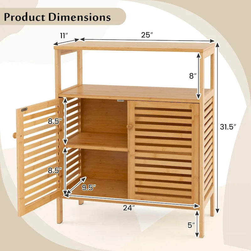 Meuble de rangement au sol en bambou naturel avec portes persiennes et étagère ouverte