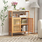 Meuble de rangement au sol en bambou naturel avec portes persiennes et étagère ouverte