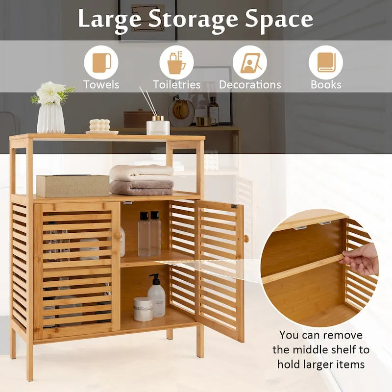 Meuble de rangement au sol en bambou naturel avec portes persiennes et étagère ouverte
