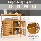 Meuble de rangement au sol en bambou naturel avec portes persiennes et étagère ouverte