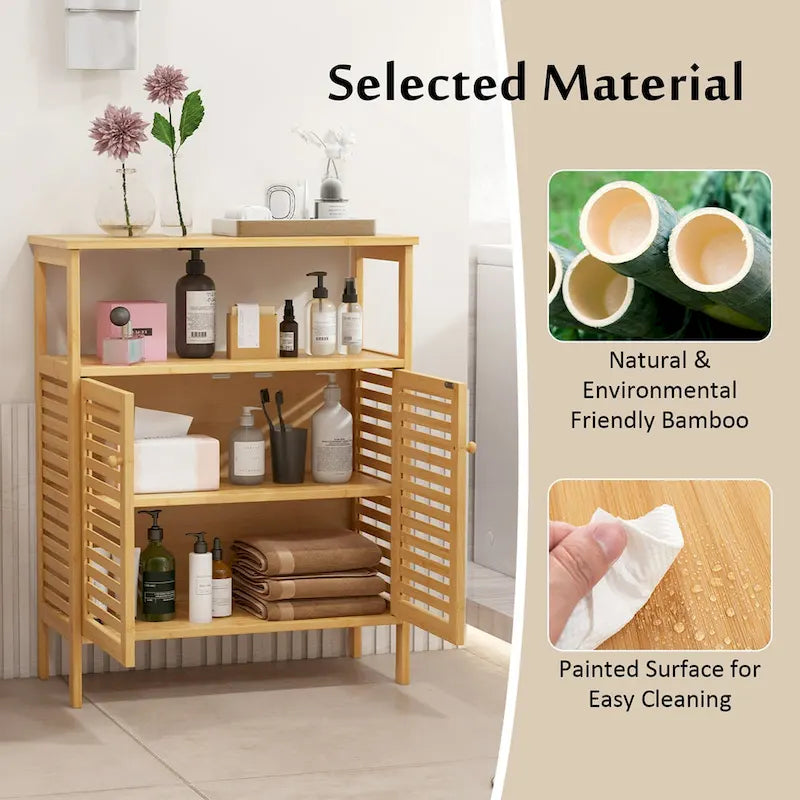 Meuble de rangement au sol en bambou naturel avec portes persiennes et étagère ouverte