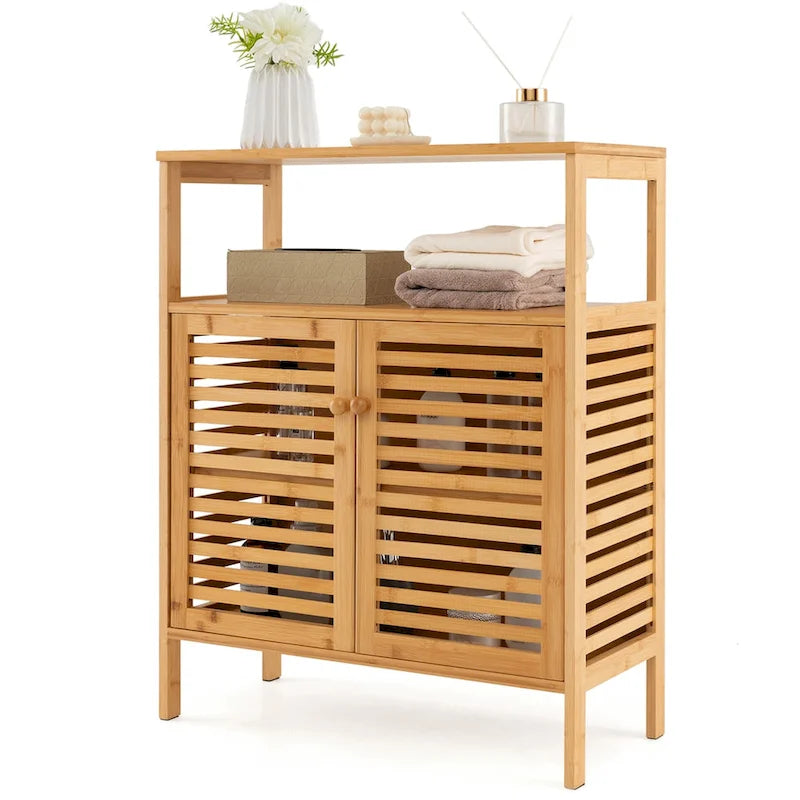 Meuble de rangement au sol en bambou naturel avec portes persiennes et étagère ouverte