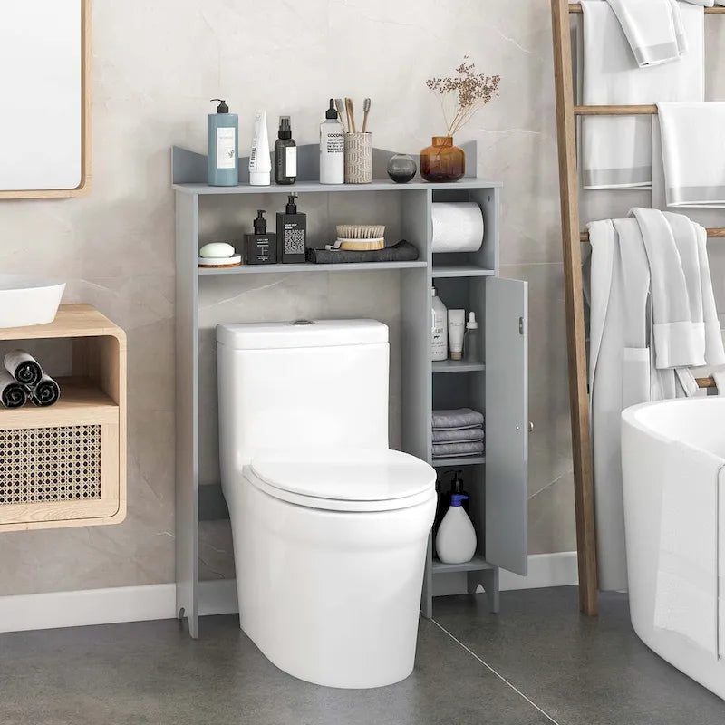Meuble de rangement gris à placer au-dessus des toilettes avec dérouleur de papier toilette, pour 1 salle de bain