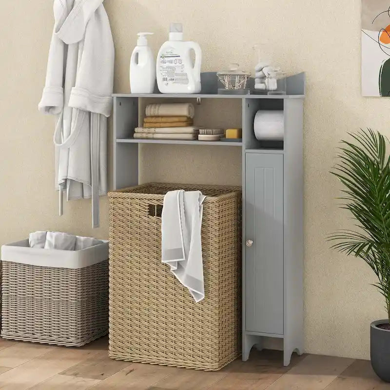 Meuble de rangement gris à placer au-dessus des toilettes avec dérouleur de papier toilette, pour 1 salle de bain