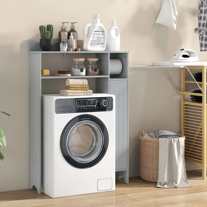 Meuble de rangement gris à placer au-dessus des toilettes avec dérouleur de papier toilette, pour 1 salle de bain