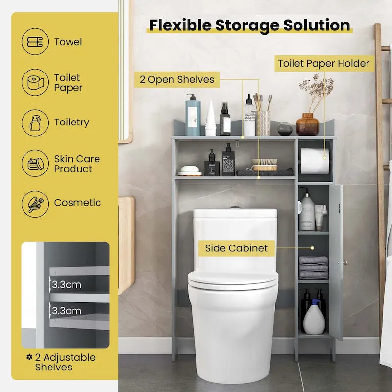 Meuble de rangement gris à placer au-dessus des toilettes avec dérouleur de papier toilette, pour 1 salle de bain