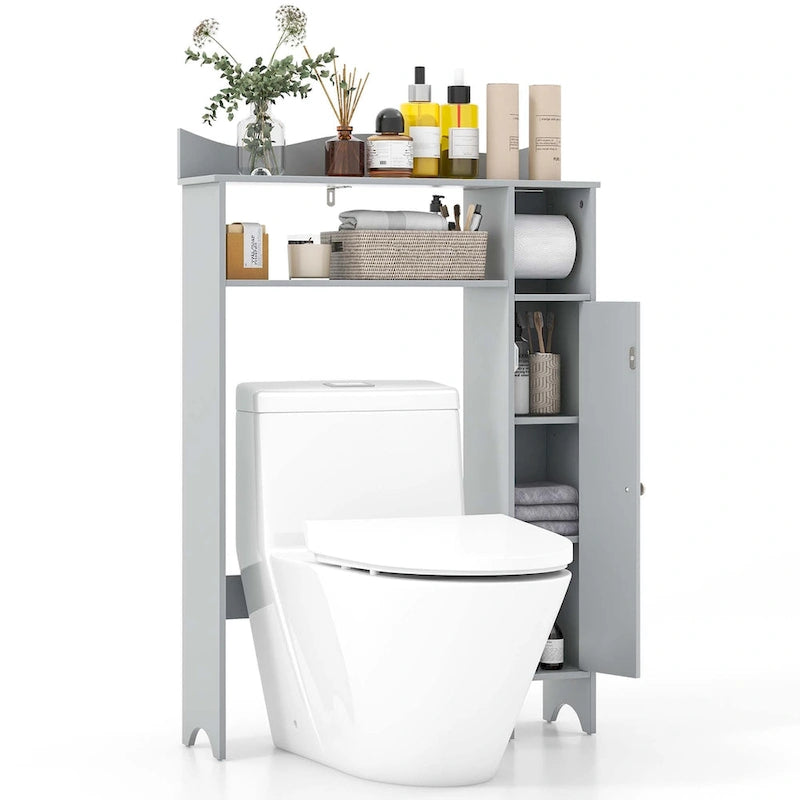 Meuble de rangement gris à placer au-dessus des toilettes avec dérouleur de papier toilette, pour 1 salle de bain