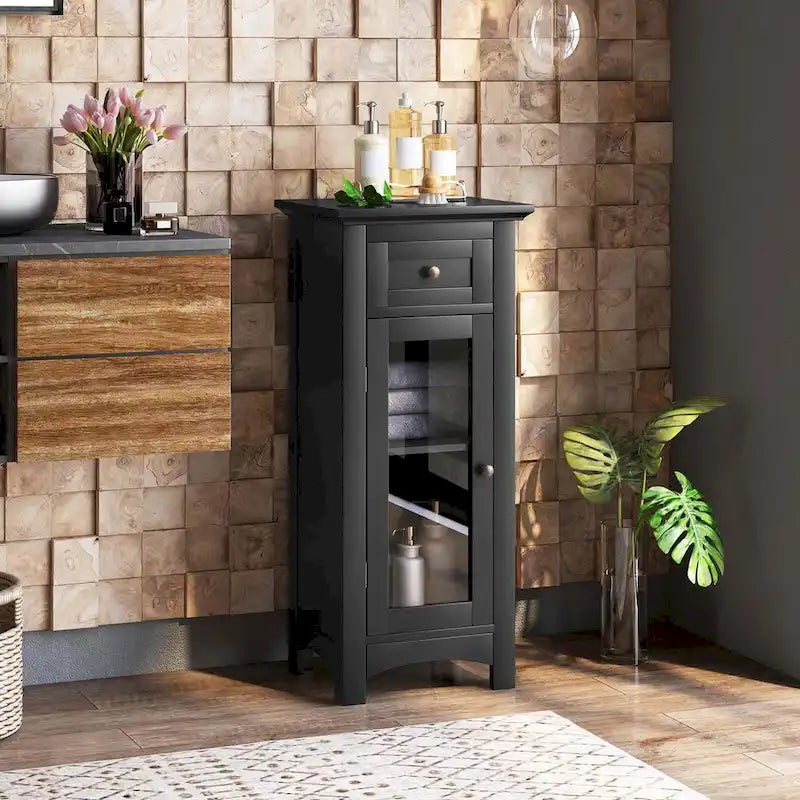 Meuble bas de salle de bain une porte et un tiroir avec porte vitrée, brun/noir