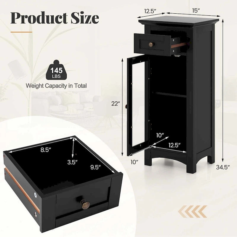 Meuble bas de salle de bain une porte et un tiroir avec porte vitrée, brun/noir