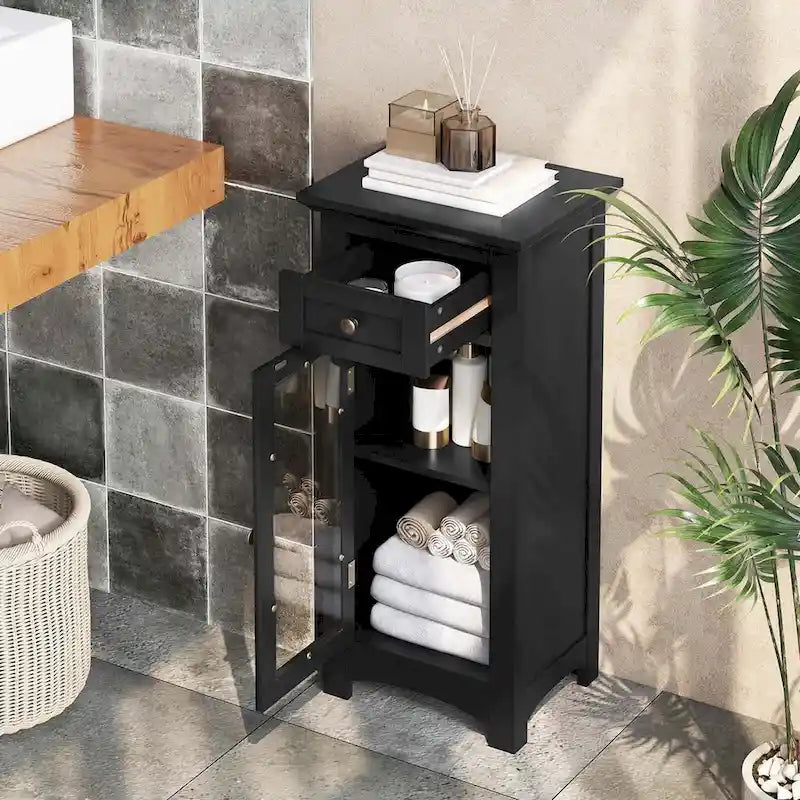 Meuble bas de salle de bain une porte et un tiroir avec porte vitrée, brun/noir