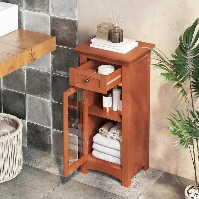 Meuble bas de salle de bain une porte et un tiroir avec porte vitrée, brun/noir