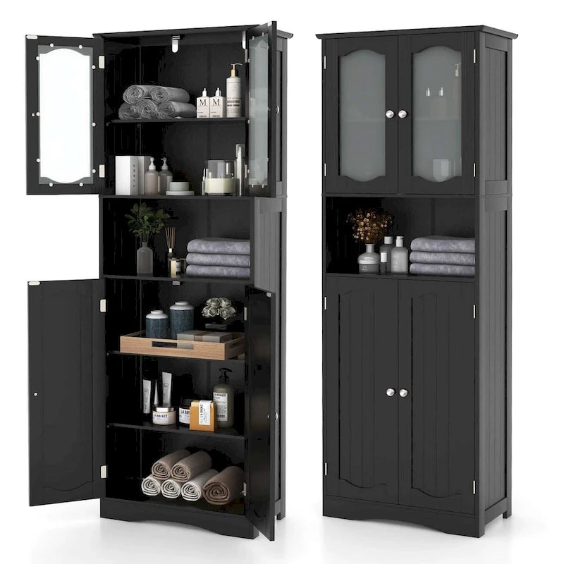 Meuble de rangement haut blanc/noir avec portes en verre trempé dépoli, 1 unité