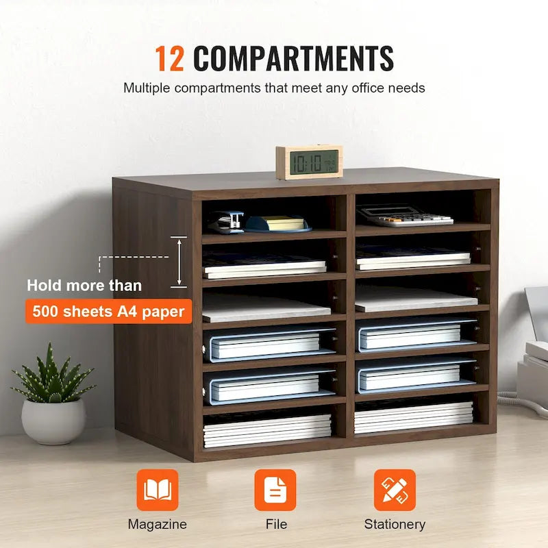 Organiseur de fichiers de bureau à 12 compartiments Gris/Blanc/Marron vintage/Noir