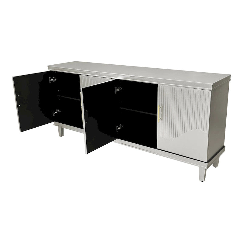 Armoire de rangement à 4 portes vert olive / champagne avec étagères réglables, pieds en bois massif – Assemblage par 2 personnes