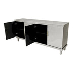 Armoire de rangement à 4 portes vert olive / champagne avec étagères réglables, pieds en bois massif – Assemblage par 2 personnes