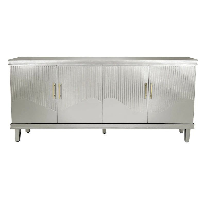 Armoire de rangement à 4 portes vert olive / champagne avec étagères réglables, pieds en bois massif – Assemblage par 2 personnes