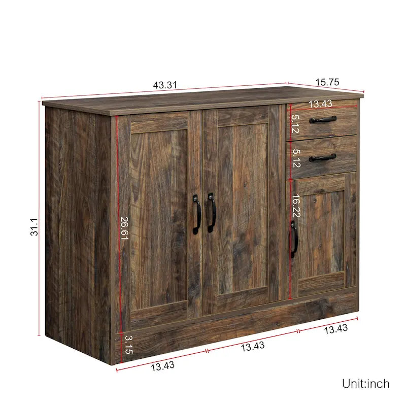 Buffet vaisselier en bois de chêne/expresso/noyer avec 3 portes et 2 tiroirs
