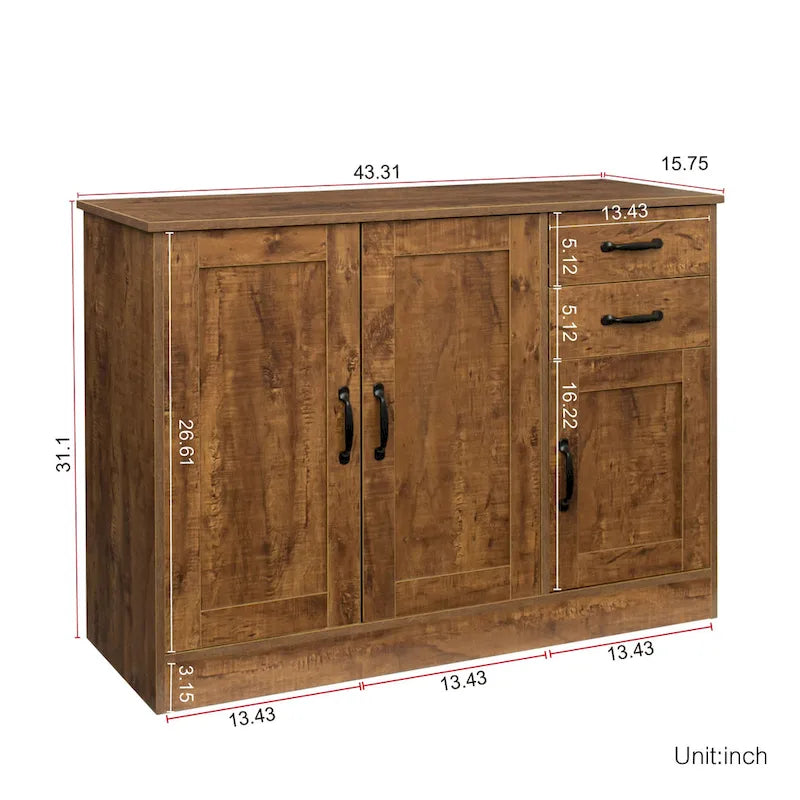 Buffet vaisselier en bois de chêne/expresso/noyer avec 3 portes et 2 tiroirs