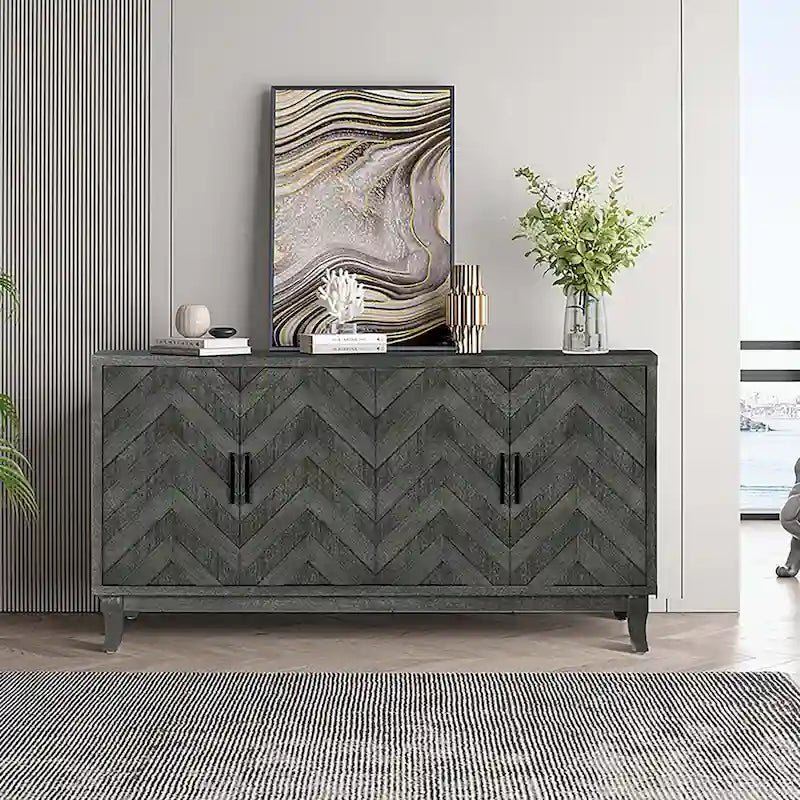 Armoire de rangement vintage 4 portes gris foncé/vert antique pour salon et chambre