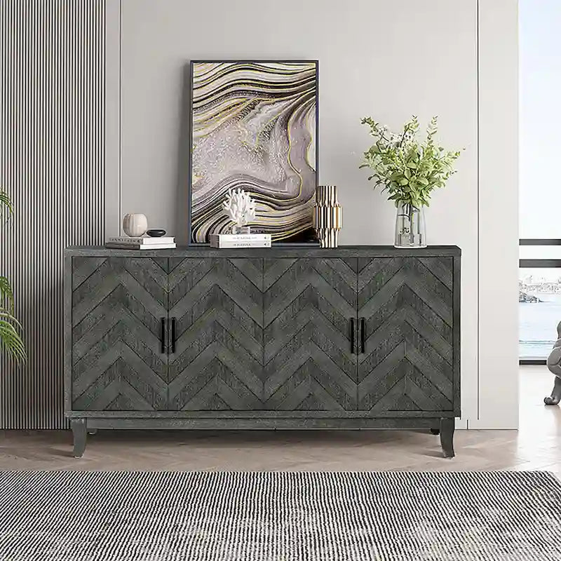 Armoire de rangement vintage 4 portes gris foncé/vert antique pour salon et chambre