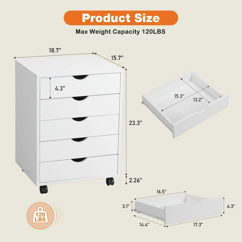 Meuble de rangement mobile à 5 tiroirs (blanc/noir) avec roulettes