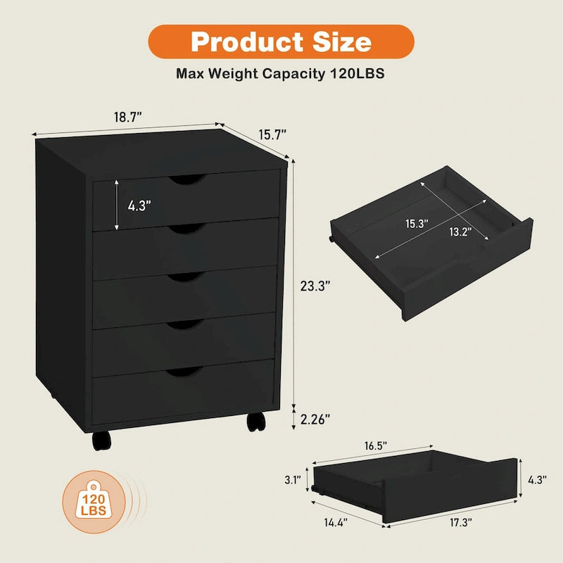 Meuble de rangement mobile à 5 tiroirs (blanc/noir) avec roulettes