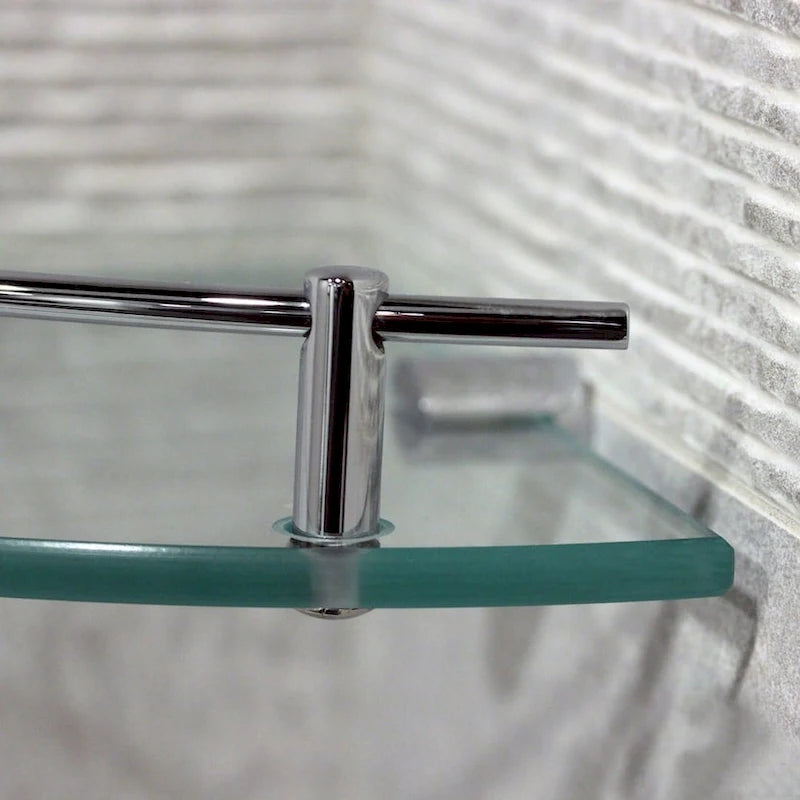 Étagère d'angle en verre transparent, barre de protection chromée, installation par une seule personne