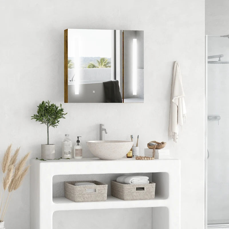 Armoire de toilette murale à LED en grain de bois foncé, 1 personne