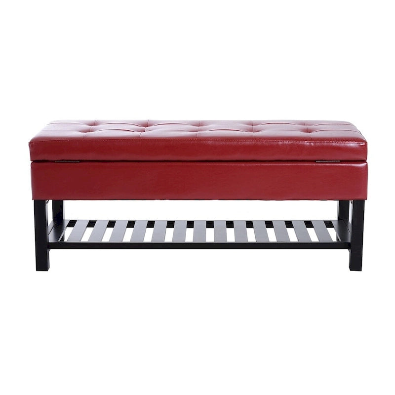 Banc de rangement ottoman capitonné en similicuir rouge avec porte-chaussures – 1 personne