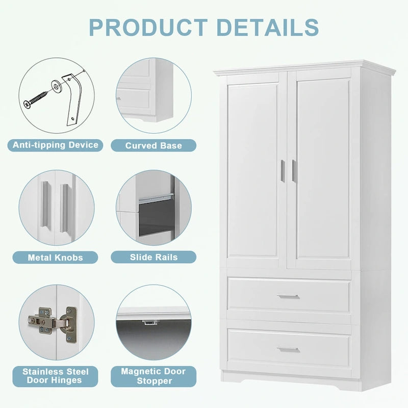 Armoire de rangement haute blanche – 2 portes et 2 tiroirs, pour 1 personne