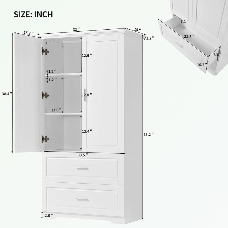 Armoire de rangement haute blanche – 2 portes et 2 tiroirs, pour 1 personne