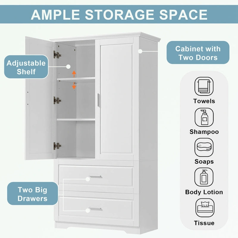 Armoire de rangement haute blanche – 2 portes et 2 tiroirs, pour 1 personne