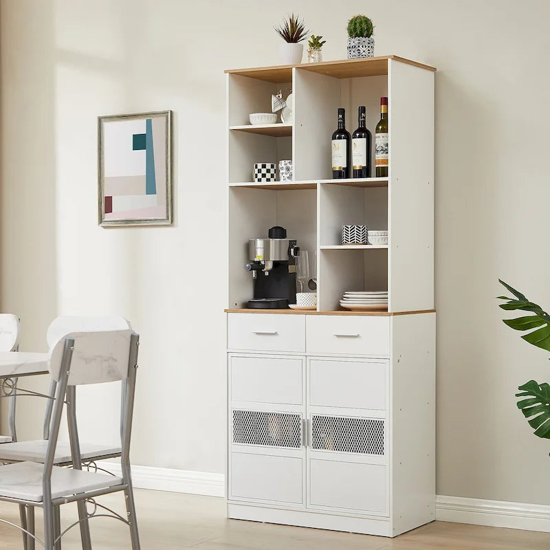 Meuble de rangement de cuisine blanc à 2 portes avec tiroirs et étagères ouvertes
