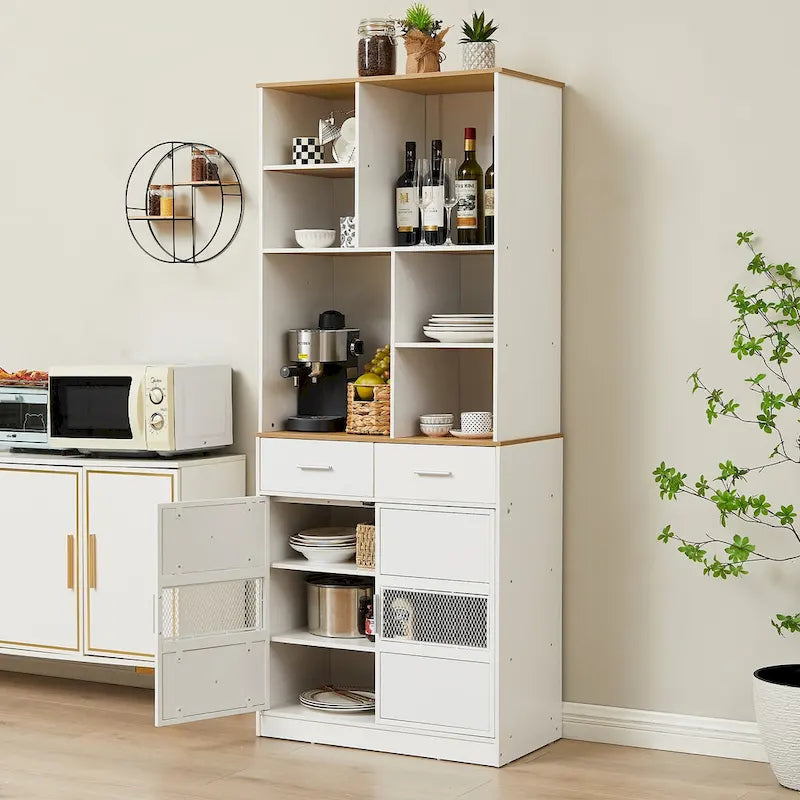 Meuble de rangement de cuisine blanc à 2 portes avec tiroirs et étagères ouvertes