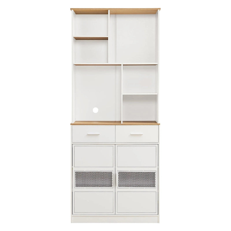 Meuble de rangement de cuisine blanc à 2 portes avec tiroirs et étagères ouvertes