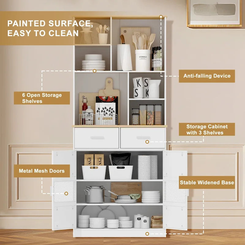 Meuble de rangement de cuisine blanc à 2 portes avec tiroirs et étagères ouvertes