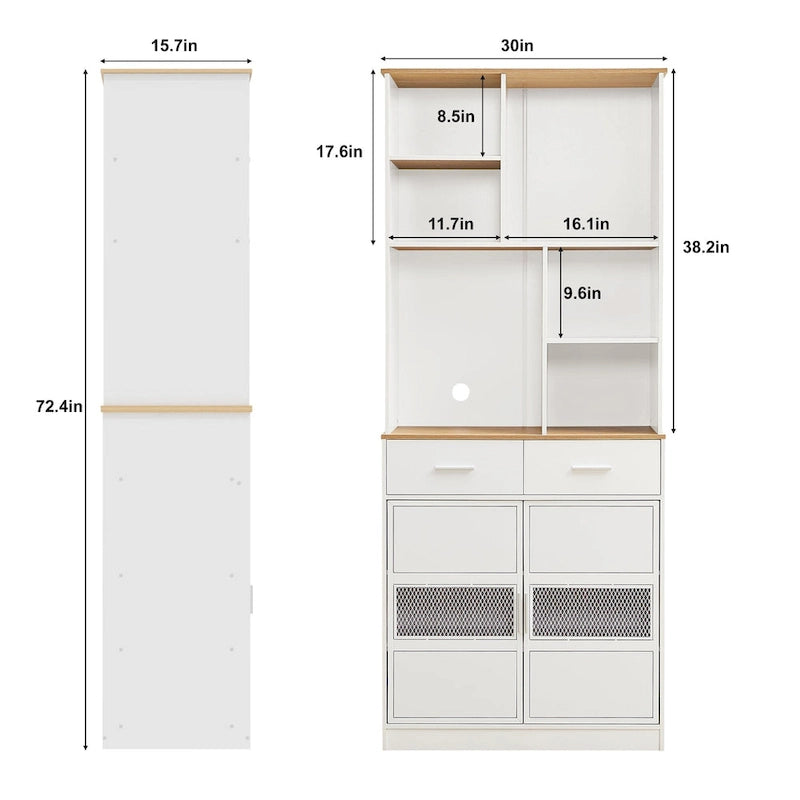 Meuble de rangement de cuisine blanc à 2 portes avec tiroirs et étagères ouvertes