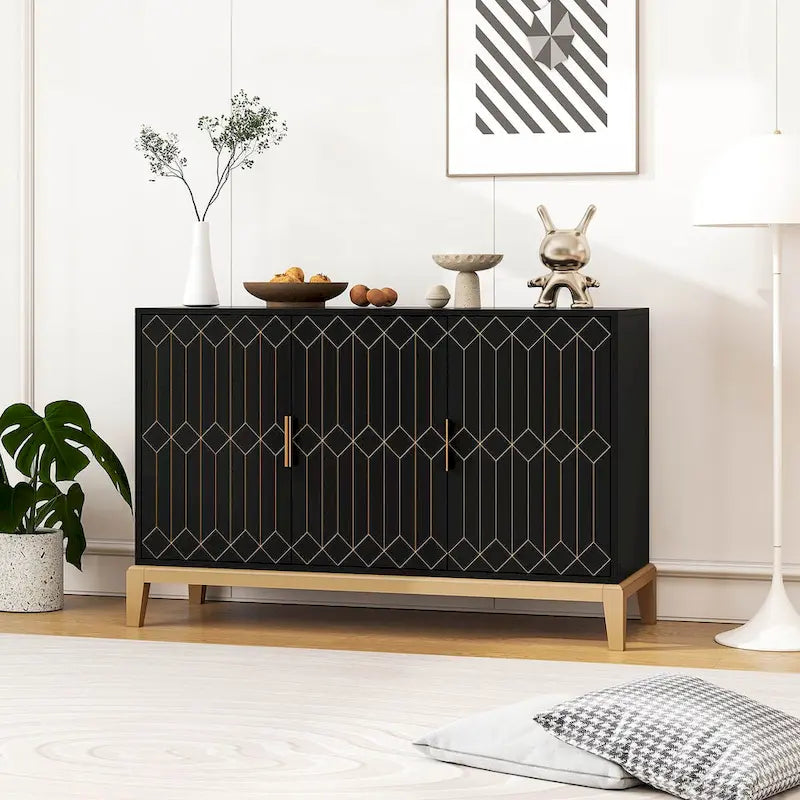 Buffet vaisselier antique noir à 3 portes avec étagère réglable
