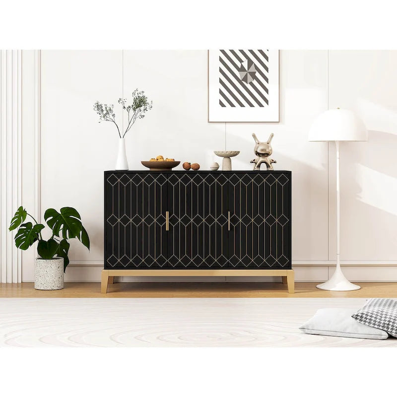 Buffet vaisselier antique noir à 3 portes avec étagère réglable
