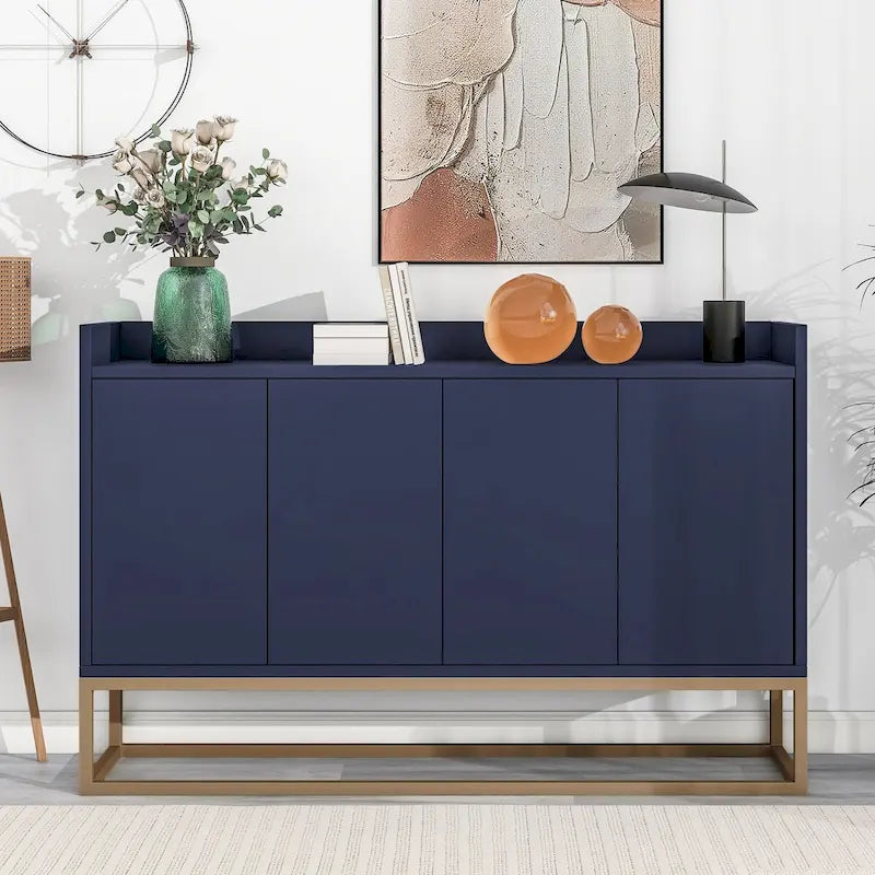 Bahut buffet 4 portes à ouverture par pression, noir/bleu marine/blanc, assemblage par 2 personnes, 119,9 cm de large