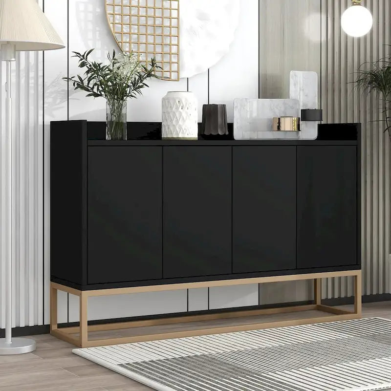 Bahut buffet 4 portes à ouverture par pression, noir/bleu marine/blanc, assemblage par 2 personnes, 119,9 cm de large